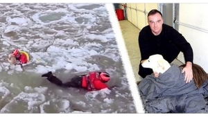 Illustration : "Il vient de faire 60m dans une eau glacée afin de sauver ce pauvre chien...Bravo !"