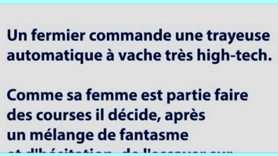 Illustration : Un fermier commande une trayeuse automatique à vache très high-tech..