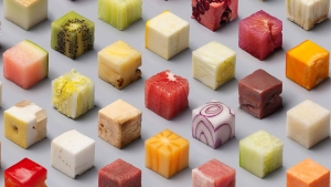 Illustration : "Cet incroyable assortiment de crudités en cubes va combler les plus gourmands parmi les perfectionnistes de ce monde"