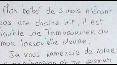 Illustration : Court mais efficace ce petit mot à l'attention des voisins qui tapent au mur quand son bébé pleure...